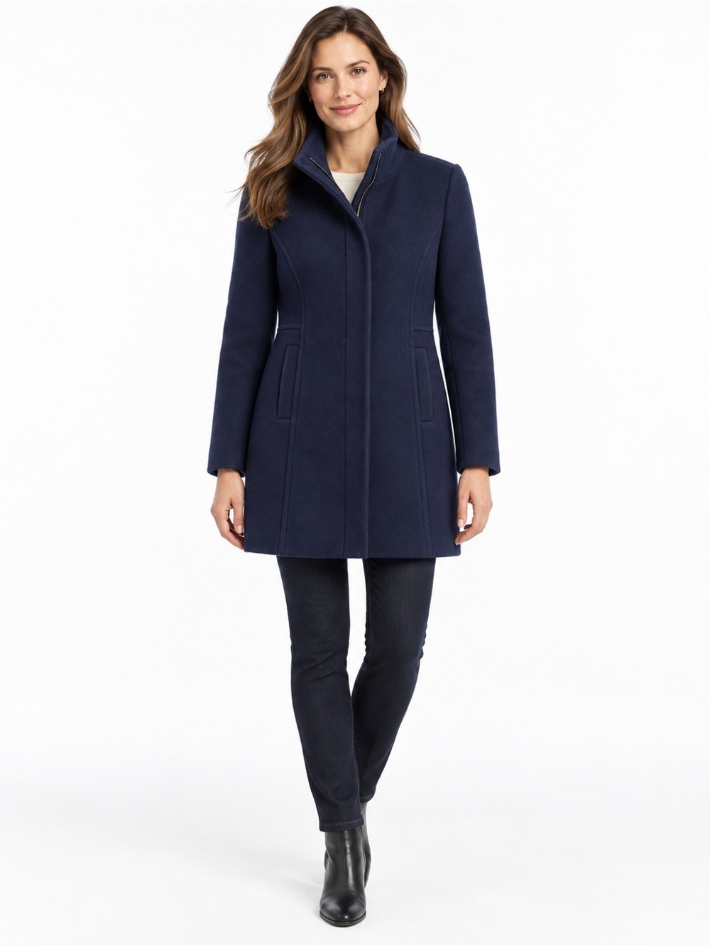 Talbots Women Size 2 Navy Blue Wool Blend Coat Italian Fabric Zip Front Winter